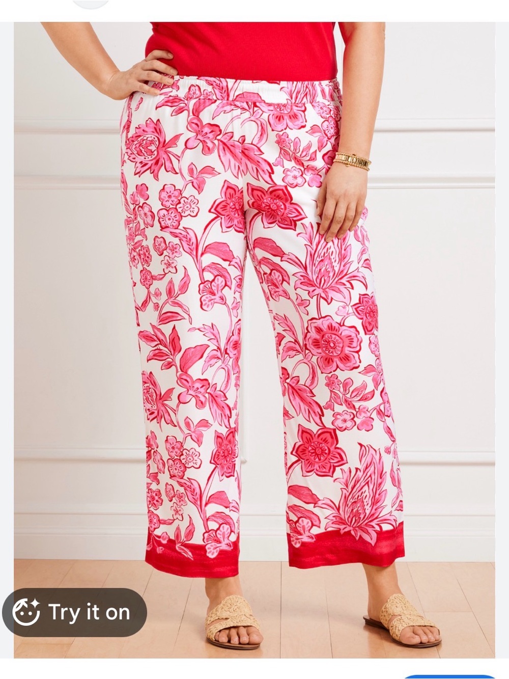 Talbots Pink Floral Wide Leg Pants Size Large Elastic Waist Cropped Pockets